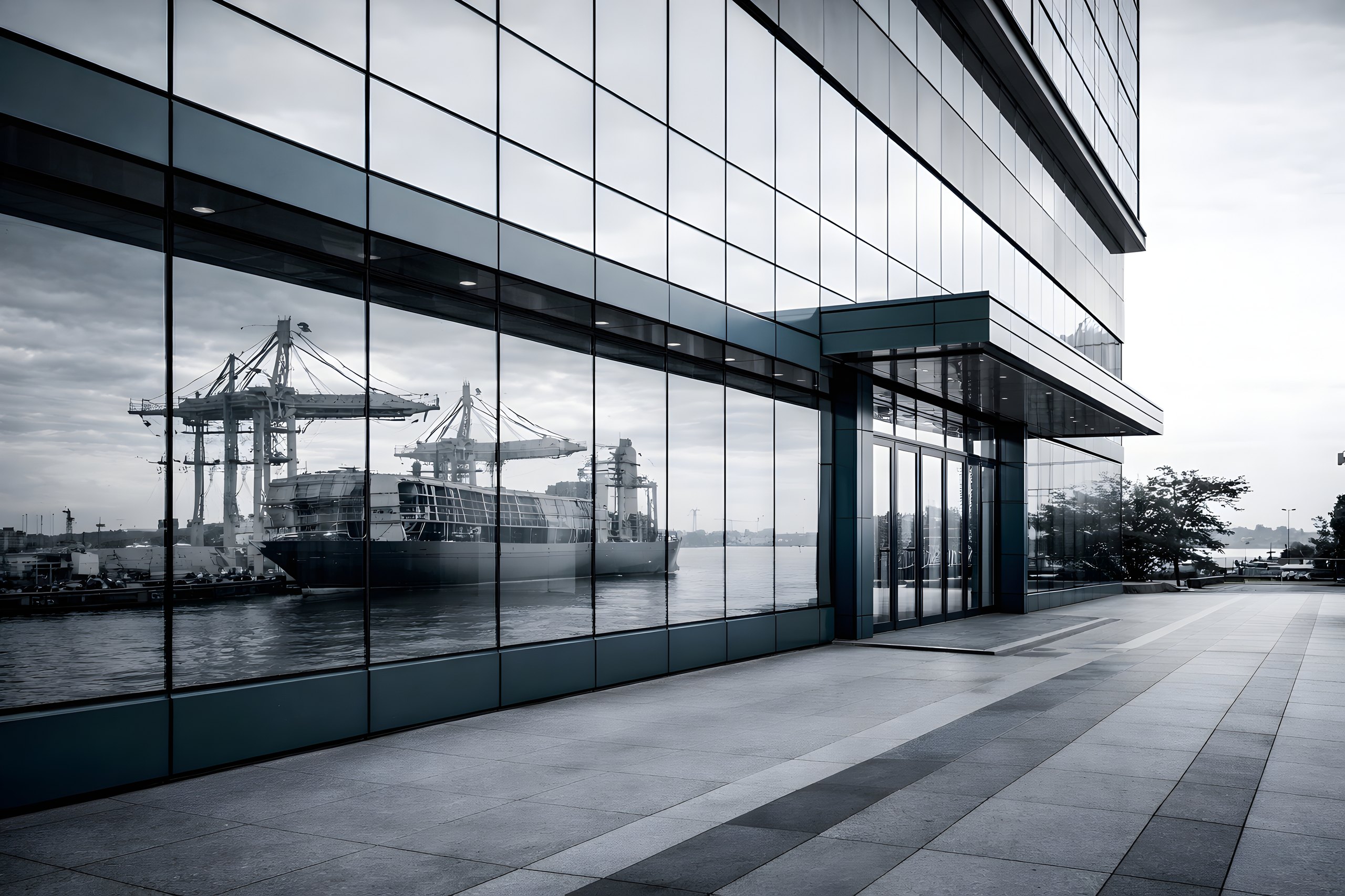 Edificio corporativo con reflejo de puerto y buque de carga